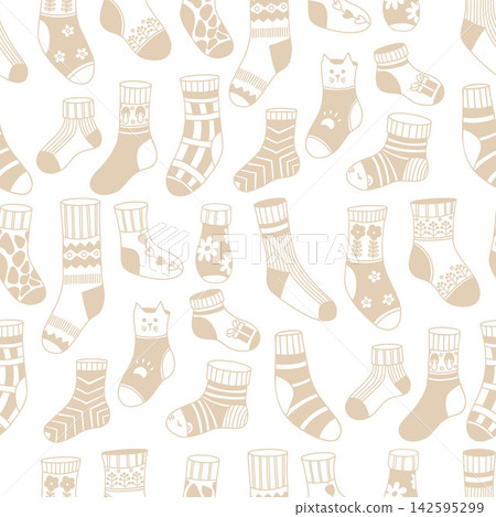 Decorative Socks and Stockings Seamless Pattern Doodle. Beige Cozy Knitted Hosiery with Gift, Cat, Striped, Spotted, Floral and Geometric Patterned on White Background. Vector Illustration. Hand Drawn Decorative Socks and Stockings Seamless Pattern Doodle. Beige Cozy Knitted Hosiery with Gift, Cat, Striped, Spotted, Floral and Geometric Patterned on White Background. Vector Illustration. Hand Drawn 142595299