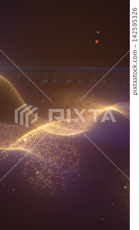 Golden digital particle waves flowing across a futuristic abstract landscape with glowing data points and soft cosmic depth. Golden digital particle waves flowing across a futuristic abstract landscape with glowing data points and soft cosmic depth. 142595326