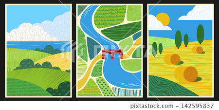 Farmland fields aerial view, geometric landscape Farmland fields aerial view, geometric landscape 142595837