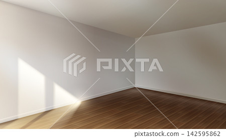 Empty room corner with wooden floor, beige walls Empty room corner with wooden floor, beige walls 142595862