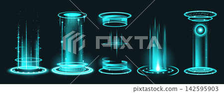 Glowing cyberpunk teleport gate with energy beams Glowing cyberpunk teleport gate with energy beams 142595903