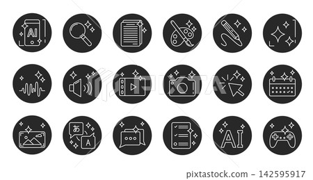 Ai icon set with sparkling stars, magic tools Ai icon set with sparkling stars, magic tools 142595917
