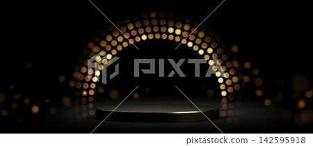 Silver 3D podium with dot light circle on black Silver 3D podium with dot light circle on black 142595918