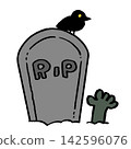 An illustration of a Halloween zombie and a crow sitting on a tombstone. 142596076