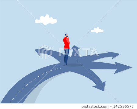 businessman standing in front of a crossroad with road split in multi different ways as arrows. businessman standing in front of a crossroad with road split in multi different ways as arrows. 142596575