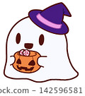 An illustration of a ghost wearing a witch's hat collecting sweets. 142596581