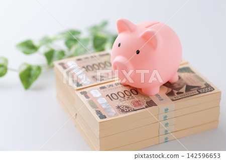 一疊1000萬日元鈔票和一個粉紅色的小豬存錢罐 一疊1000萬日元鈔票和一個粉紅色的小豬存錢罐 142596653