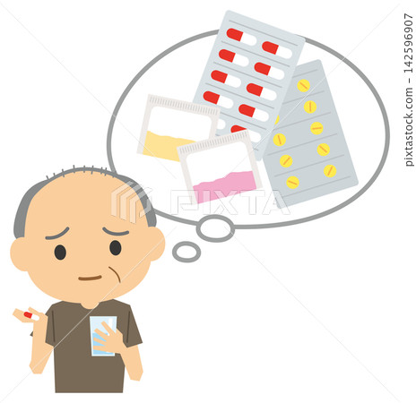 插圖描繪了一位老人正在服用多種藥物。 插圖描繪了一位老人正在服用多種藥物。 142596907