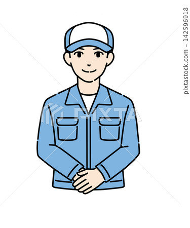 Illustration of a young man in a hat and work clothes bowing (1) Illustration of a young man in a hat and work clothes bowing (1) 142596918