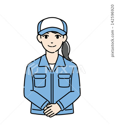 Illustration of a young woman wearing a hat and work clothes bowing (1) Illustration of a young woman wearing a hat and work clothes bowing (1) 142596920