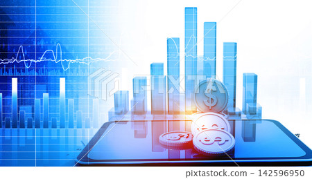 Dollar coins with graphs charts and tablet pc Dollar coins with graphs charts and tablet pc 142596950