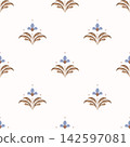 Flower pattern block print pink blue gold background with meadow fleur de lis flowers. 142597081