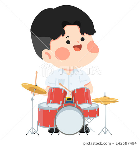 Happy Student Playing Red Musical Drums Happy Student Playing Red Musical Drums 142597494