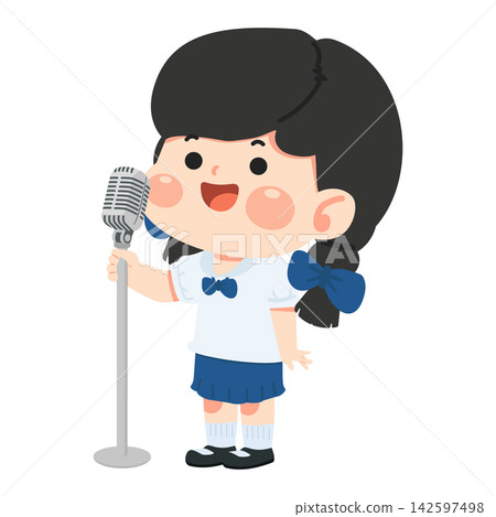 Student girl singing with vintage microphone 142597498