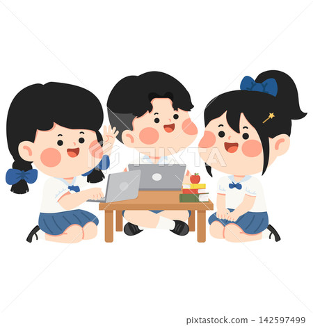 Students learning with laptops at school table Students learning with laptops at school table 142597499
