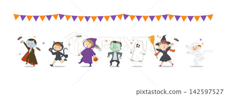 Children in costumes enjoying the Halloween parade Children in costumes enjoying the Halloween parade 142597527