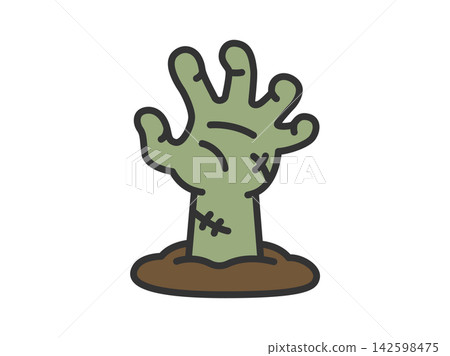 一幅殭屍手圖示從地面伸出的插圖(彩色線條畫)。 一幅殭屍手圖示從地面伸出的插圖(彩色線條畫)。 142598475