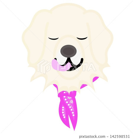 Illustration of a golden retriever's face wearing a bandana. 142598531