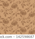 Seamless autumn botanical pattern featuring a central stylized pumpkin surrounded by loose leafy branches 142598687