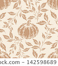 Seamless autumn botanical pattern featuring a central stylized pumpkin surrounded by loose leafy branches 142598689