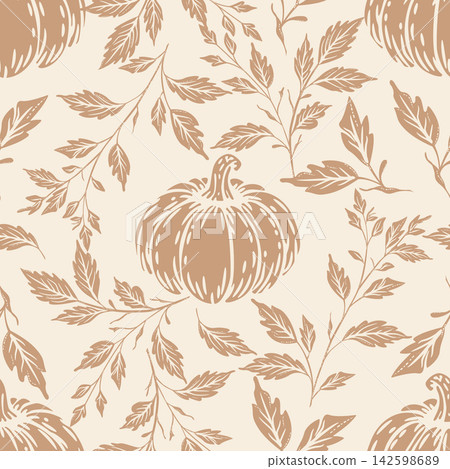 Seamless autumn botanical pattern featuring a central stylized pumpkin surrounded by loose leafy branches Seamless autumn botanical pattern featuring a central stylized pumpkin surrounded by loose leafy branches 142598689