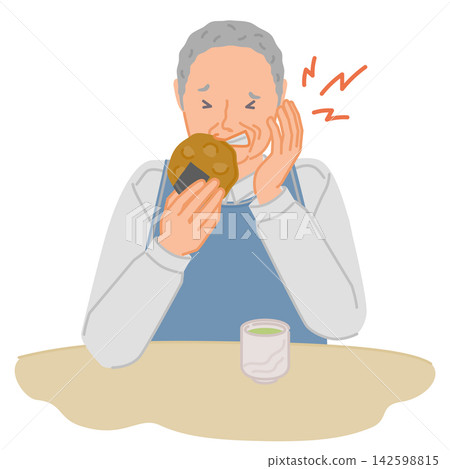 An illustration of a senior man holding his hand to his jaw because he has a toothache from eating a rice cracker. An illustration of a senior man holding his hand to his jaw because he has a toothache from eating a rice cracker. 142598815