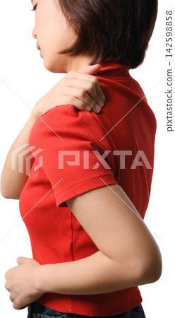Asian woman in red shirt touching shoulder with pained expression during health care concept Asian woman in red shirt touching shoulder with pained expression during health care concept 142598858