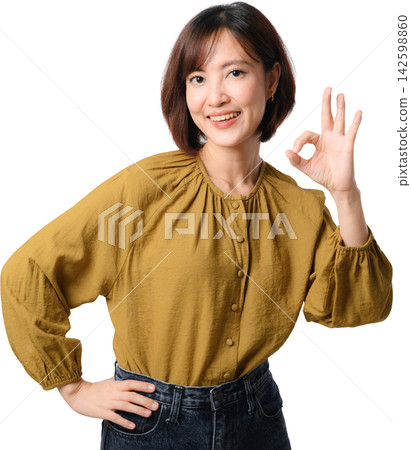 Asian woman smiling and making okay gesture while wearing mustard blouse isolated on transparent background Asian woman smiling and making okay gesture while wearing mustard blouse isolated on transparent background 142598860