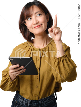 Asian woman holding tablet and pointing upward with curious expression isolated on transparent background Asian woman holding tablet and pointing upward with curious expression isolated on transparent background 142598864