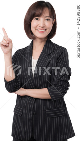 Asian woman in pinstripe blazer pointing upward with confident smile isolated on transparent background Asian woman in pinstripe blazer pointing upward with confident smile isolated on transparent background 142598880