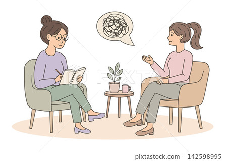 Psychologist Counseling Session Hand Drawn Vector Illustration. Therapist and Patient Talking During Mental Health Therapy Psychologist Counseling Session Hand Drawn Vector Illustration. Therapist and Patient Talking During Mental Health Therapy 142598995