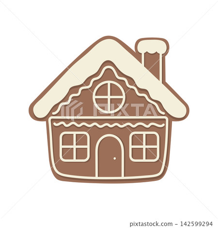 Christmas gingerbread cookie shaped like a cozy house with white icing on the roof. Flat vector icon on white background Christmas gingerbread cookie shaped like a cozy house with white icing on the roof. Flat vector icon on white background 142599294