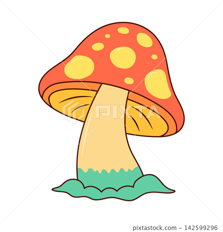 Groovy retro mushroom in hippie style. Colorful psychedelic vintage 70s vector illustration isolated on background Groovy retro mushroom in hippie style. Colorful psychedelic vintage 70s vector illustration isolated on background 142599296