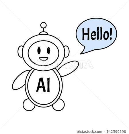 AI chatbot line icon. Cute outline robot waving hand with hello speech bubble vector illustration on white background AI chatbot line icon. Cute outline robot waving hand with hello speech bubble vector illustration on white background 142599298