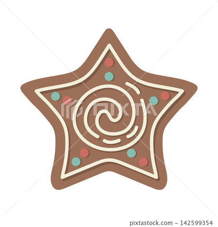 Christmas gingerbread cookie shaped like a star with white icing and colorful dots. Flat vector illustration on white Christmas gingerbread cookie shaped like a star with white icing and colorful dots. Flat vector illustration on white 142599354