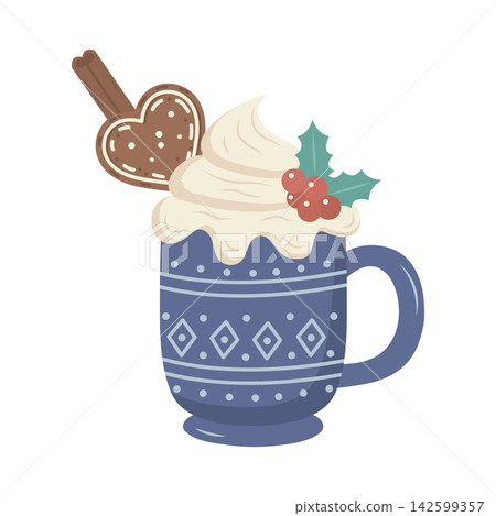 Blue Christmas mug with hot cocoa, whipped cream, gingerbread heart, and holly. Flat vector illustration on white Blue Christmas mug with hot cocoa, whipped cream, gingerbread heart, and holly. Flat vector illustration on white 142599357
