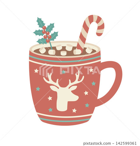 Red Christmas mug with a reindeer, marshmallows, candy cane, and holly. Flat vector illustration on white background Red Christmas mug with a reindeer, marshmallows, candy cane, and holly. Flat vector illustration on white background 142599361