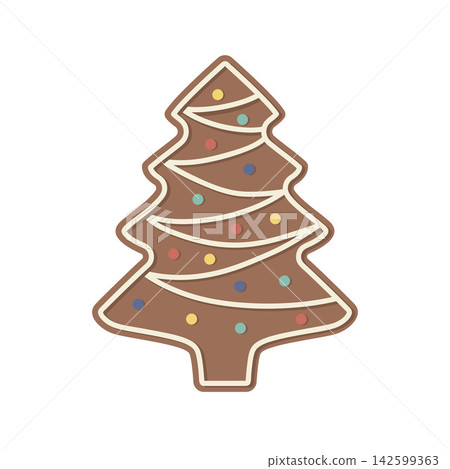 Christmas gingerbread cookie shaped like a pine tree with white icing and colorful dots. Flat vector icon on white Christmas gingerbread cookie shaped like a pine tree with white icing and colorful dots. Flat vector icon on white 142599363