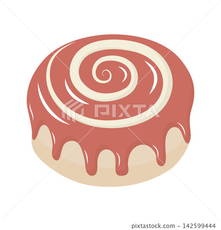 Sweet layered dessert with red strawberry swirl and white cream frosting. Flat vector illustration on white background Sweet layered dessert with red strawberry swirl and white cream frosting. Flat vector illustration on white background 142599444
