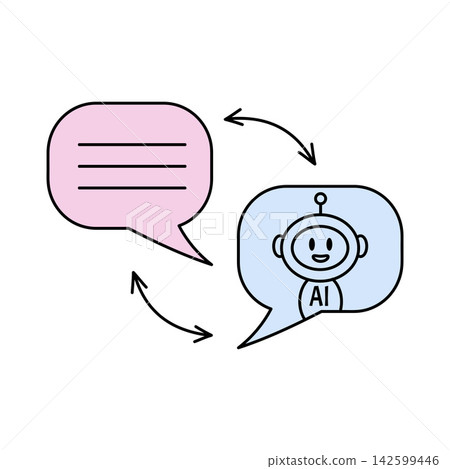 AI chat line icon. Outline robot in speech bubble exchanging messages vector illustration isolated on white background AI chat line icon. Outline robot in speech bubble exchanging messages vector illustration isolated on white background 142599446