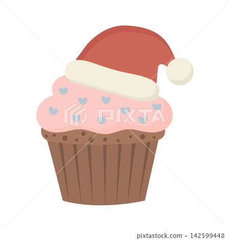 Festive Christmas cupcake with pink frosting, heart sprinkles, and a Santa hat. Flat vector illustration on white Festive Christmas cupcake with pink frosting, heart sprinkles, and a Santa hat. Flat vector illustration on white 142599448