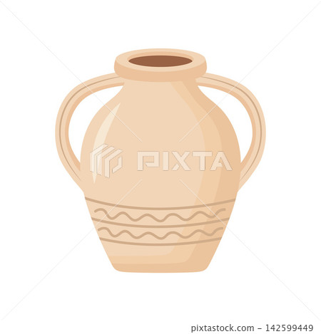 Ceramic amphora jug vector illustration. Beige clay vase with handles and ornament isolated on white background. Icon Ceramic amphora jug vector illustration. Beige clay vase with handles and ornament isolated on white background. Icon 142599449