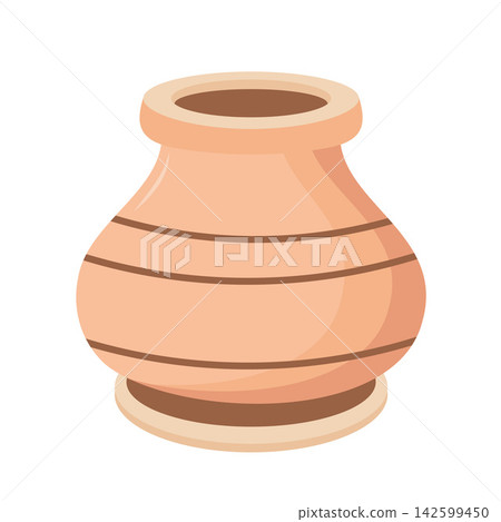 Clay pot vector illustration. Traditional ceramic jug with striped ornament isolated on white background. Pottery icon Clay pot vector illustration. Traditional ceramic jug with striped ornament isolated on white background. Pottery icon 142599450