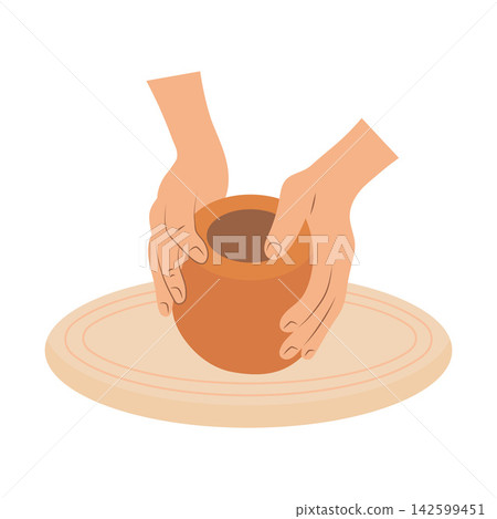 Pottery workshop vector illustration. Hands shaping a clay pot on a spinning potter wheel. Handmade ceramic craft icon 142599451