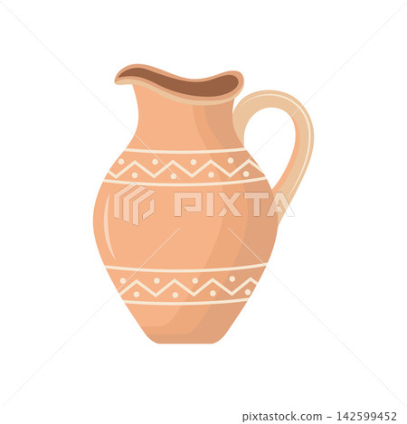 Clay jug vector illustration. Traditional ceramic pitcher with handle and geometric ornament isolated on white background Clay jug vector illustration. Traditional ceramic pitcher with handle and geometric ornament isolated on white background 142599452