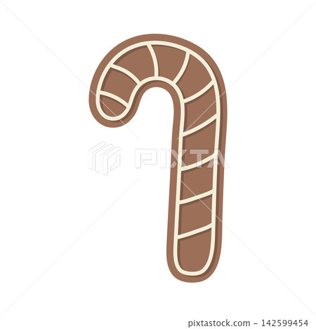 Christmas gingerbread cookie in the shape of a candy cane with white icing. Flat vector illustration on white background Christmas gingerbread cookie in the shape of a candy cane with white icing. Flat vector illustration on white background 142599454