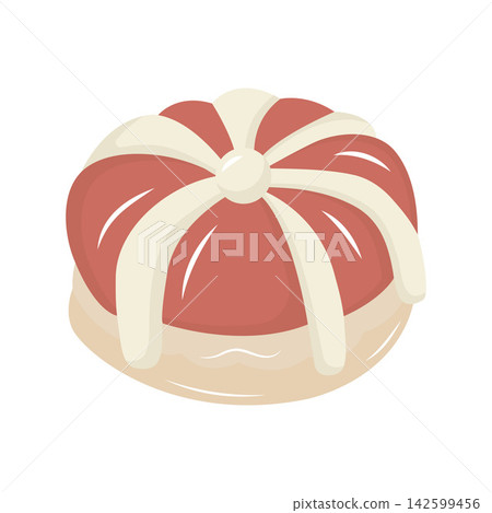 Sweet dessert with red glaze, white cream stripes, and a fluffy base. Flat vector illustration on white background Sweet dessert with red glaze, white cream stripes, and a fluffy base. Flat vector illustration on white background 142599456