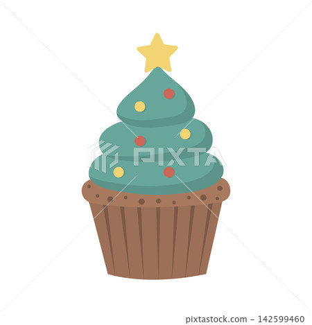 Festive Christmas cupcake with green frosting shaped like a tree, decorated with baubles and a star. Flat vector icon Festive Christmas cupcake with green frosting shaped like a tree, decorated with baubles and a star. Flat vector icon 142599460