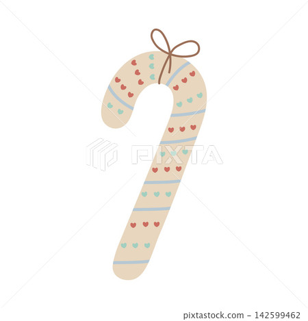 Christmas candy cane with hearts pattern and a small bow. Pastel vector illustration isolated on a white background 142599462