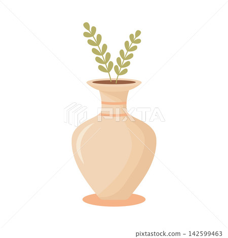 Ceramic vase with green branches vector illustration. Beige clay pot isolated on white background. Boho home decoration Ceramic vase with green branches vector illustration. Beige clay pot isolated on white background. Boho home decoration 142599463
